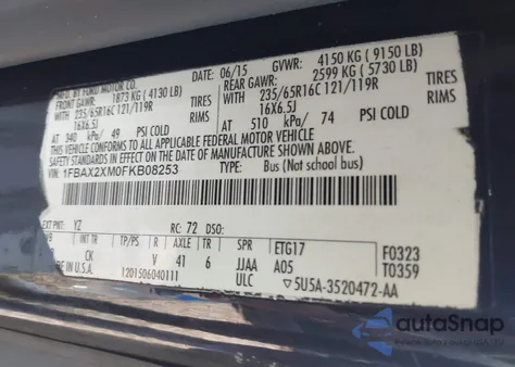 2015 Ford Transit-350 Xlt из США, поврежденный, VIN 1FBAX2XM0FKB08253